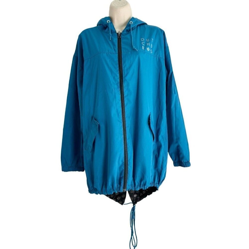 Dutch Bros Women's Sz M Blue Black Tulip Reversible Hooded Windbreaker Jacket